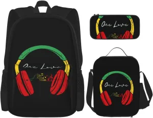 Rasta Reggae Headphones Music One Loves Multifunctional Pocket Backpack Crossbody Lunch Bag Pencil Case 3Pcs Set Large Capacity Backpack
