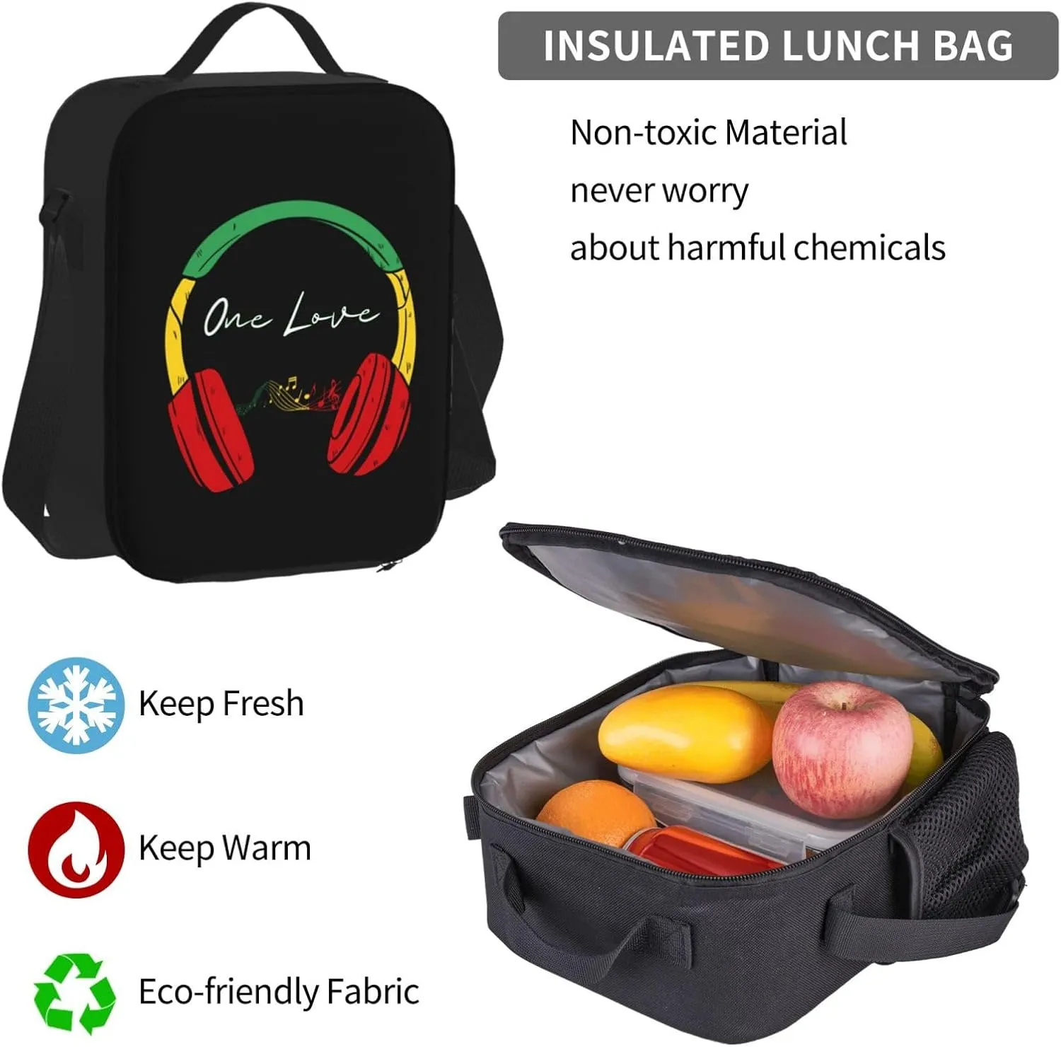 Rasta Reggae Headphones Music One Loves Multifunctional Pocket Backpack Crossbody Lunch Bag Pencil Case 3Pcs Set Large Capacity Backpack