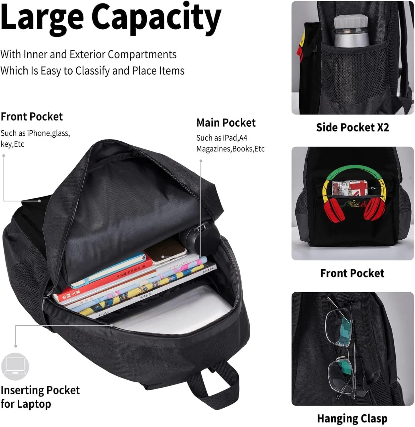 Rasta Reggae Headphones Music One Loves Multifunctional Pocket Backpack Crossbody Lunch Bag Pencil Case 3Pcs Set Large Capacity Backpack