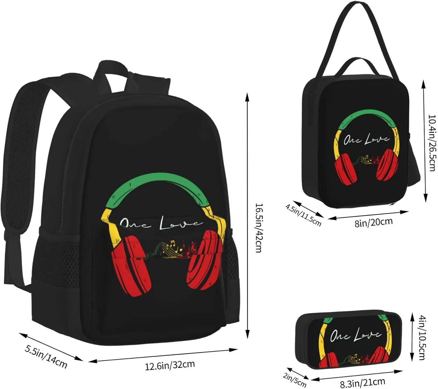 Rasta Reggae Headphones Music One Loves Multifunctional Pocket Backpack Crossbody Lunch Bag Pencil Case 3Pcs Set Large Capacity Backpack