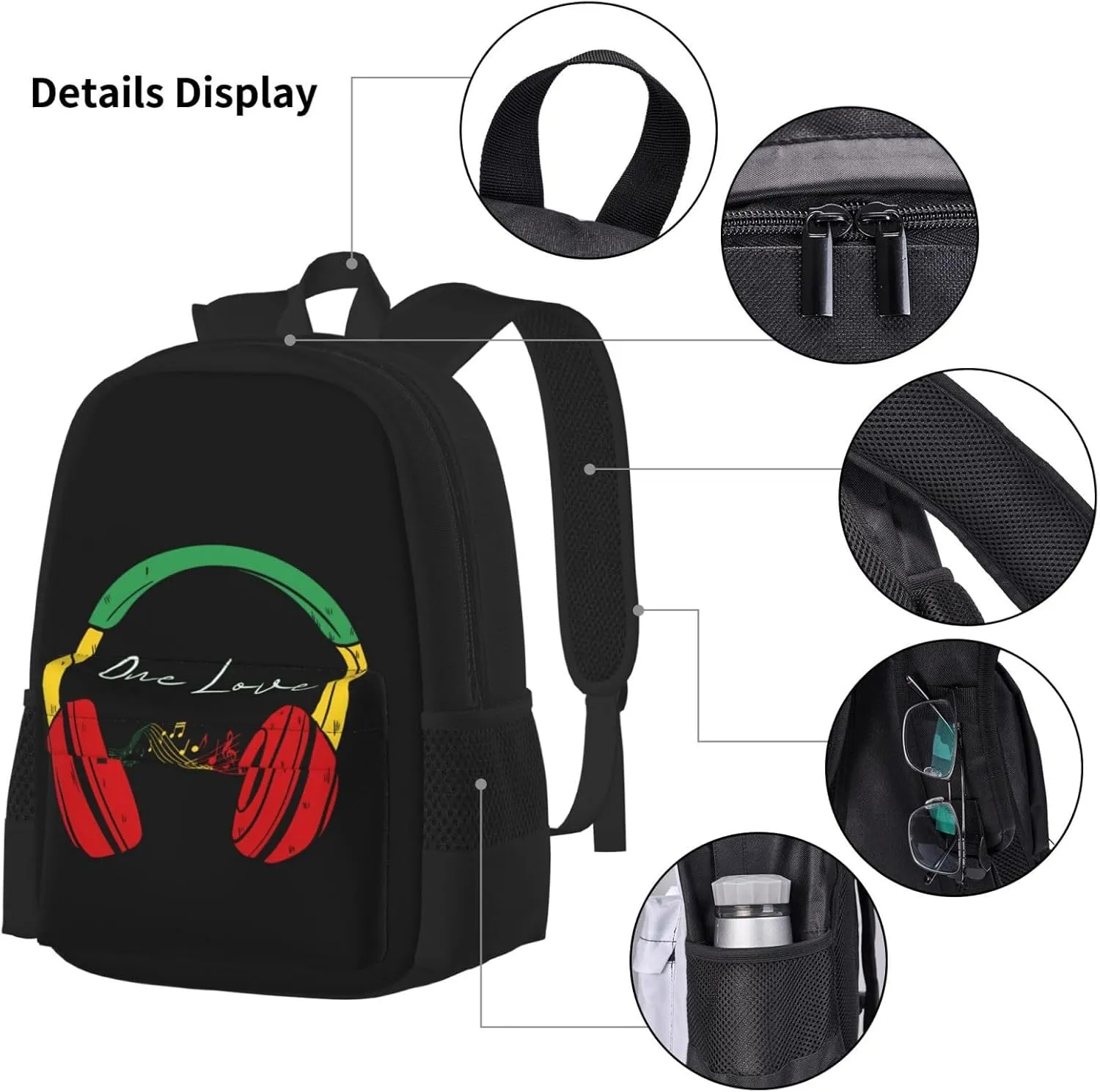 Rasta Reggae Headphones Music One Loves Multifunctional Pocket Backpack Crossbody Lunch Bag Pencil Case 3Pcs Set Large Capacity Backpack