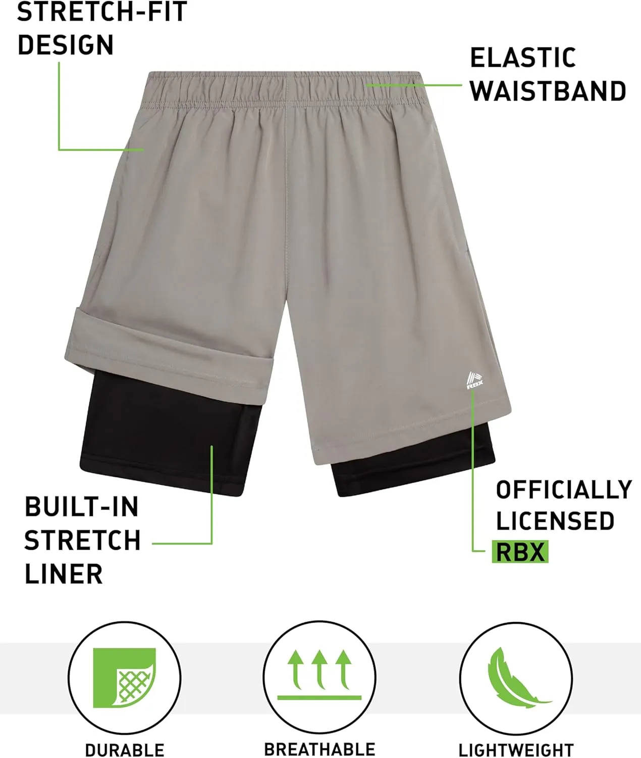 RBX Boys Athletic Shorts - 2 Pack Active Performance Base Layer Basketball Shorts for Sports, Gym and Workout (Sizes: 8-16)