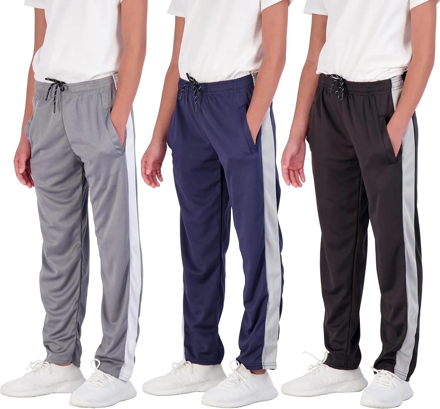 Real Essentials 3 Pack: Boys' Mesh Open Bottom Active Sweatpants with Pockets & Drawstring