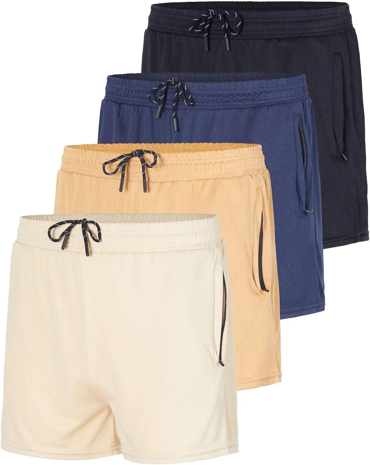 Real Essentials 4 Pack: Men's Mesh 7"/ 5"/ 3" Athletic Zipper Shorts Workout Gym Running Basketball (Big and Tall Available)