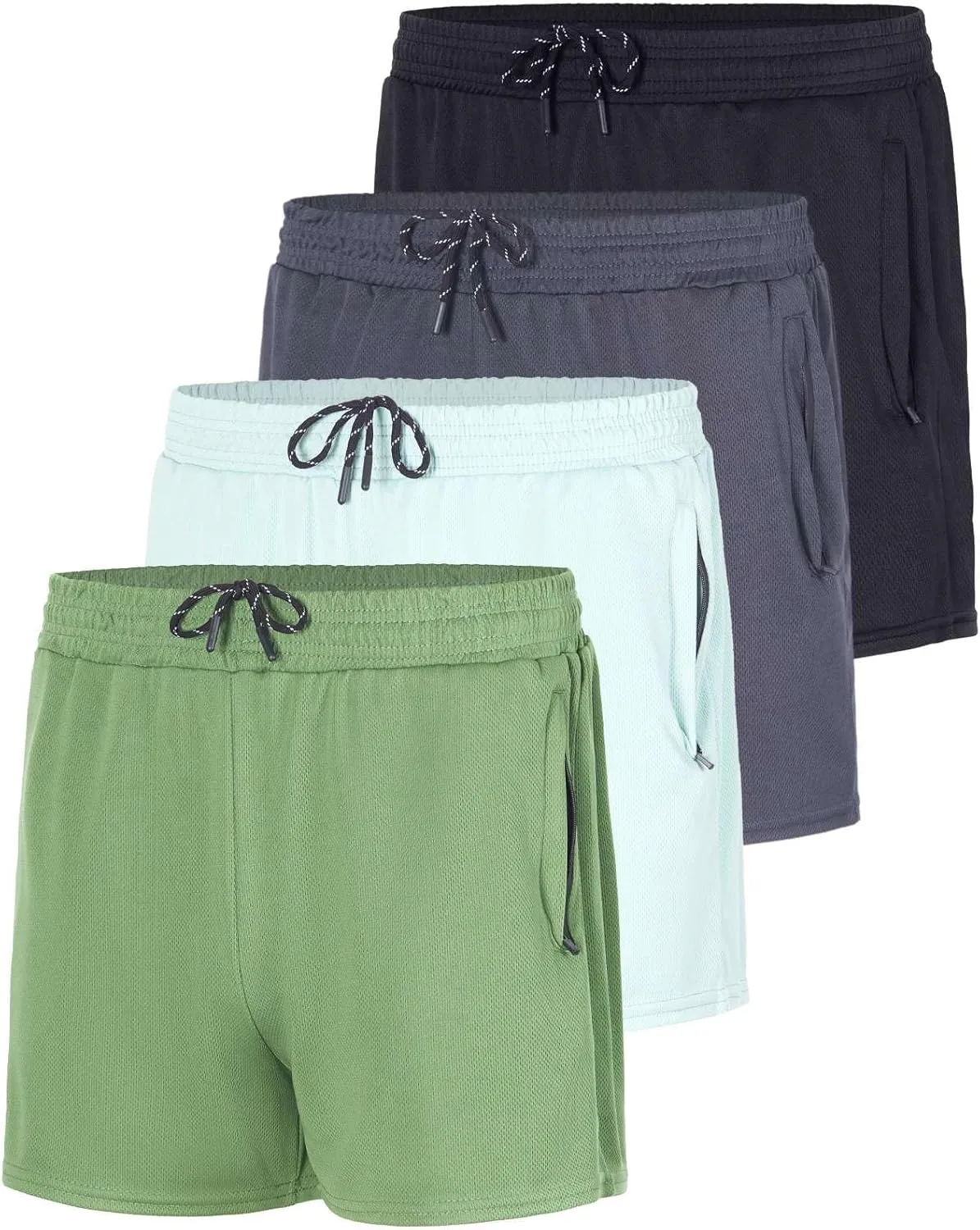 Real Essentials 4 Pack: Men's Mesh Athletic Running Zipper Shorts Quick Dry Workout 7"/ 5"/ 3" Sports Gym Basketball Hiking