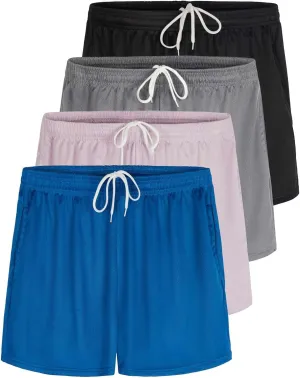 Real Essentials 4 Pack: Womens Active Athletic Performance Mesh Shorts with Pockets (Available in Plus Size)