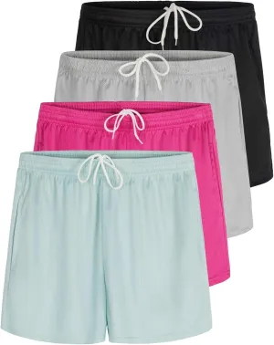 Real Essentials 4 Pack: Womens Active Athletic Performance Mesh Shorts with Pockets (Available in Plus Size)