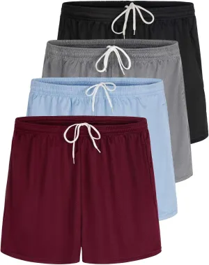 Real Essentials 4 Pack: Womens Active Athletic Performance Mesh Shorts with Pockets (Available in Plus Size)
