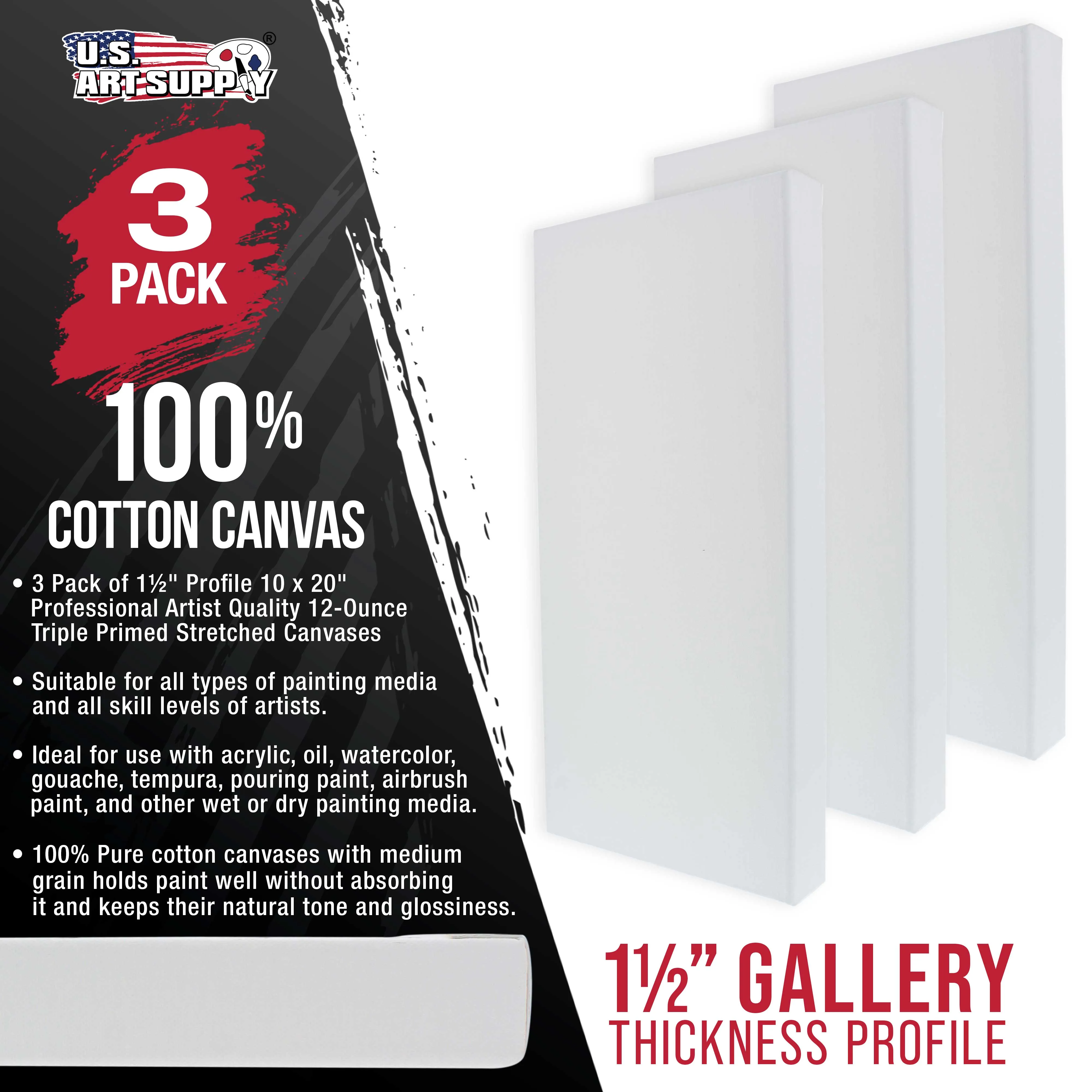 Rectangle Stretched Canvas for Painting 10x20 inch Gallery Depth 1-1/2" Thick, 3-Pack - 12oz Acrylic Gesso Triple Primed, Professional Artist Quality, 100% Cotton - Oil, Pouring Paint