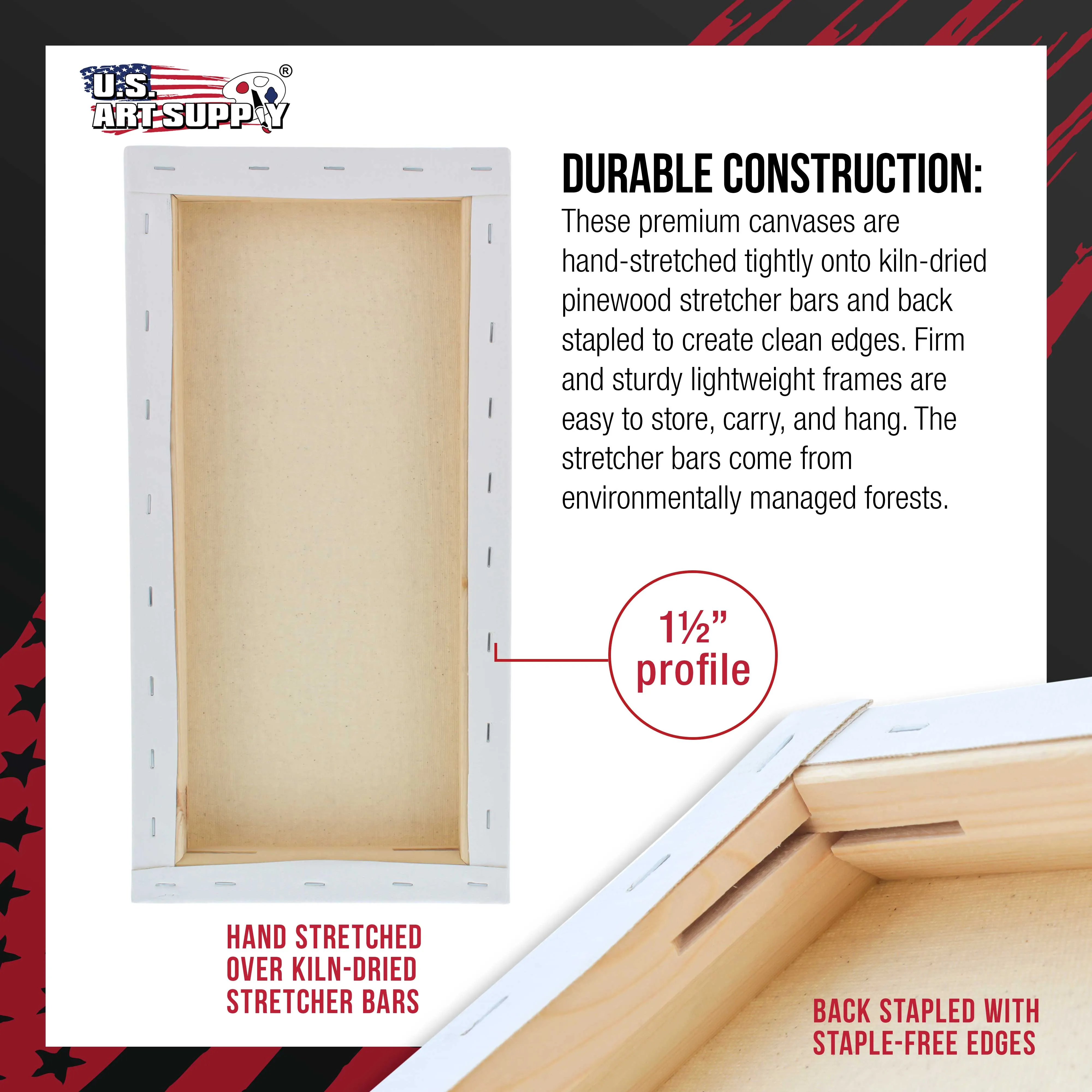 Rectangle Stretched Canvas for Painting 10x20 inch Gallery Depth 1-1/2" Thick, 3-Pack - 12oz Acrylic Gesso Triple Primed, Professional Artist Quality, 100% Cotton - Oil, Pouring Paint