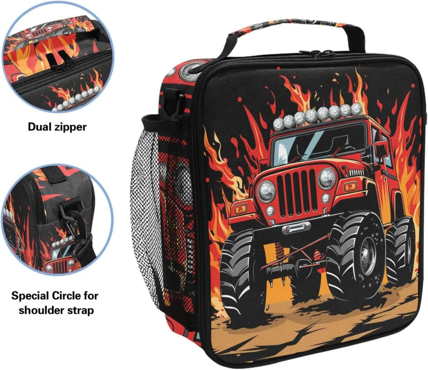 Red Monster Truck Fire Car Lunch Box for Girls Boys Insulated Lunch Bag with Adjustable Shoulder Strap Kids Children Thermal Lunchbox Tote Bags Cooler School Office Picnic