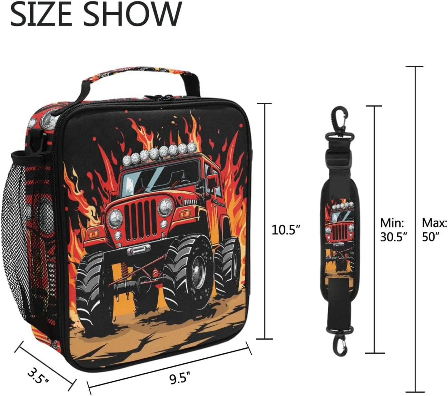 Red Monster Truck Fire Car Lunch Box for Girls Boys Insulated Lunch Bag with Adjustable Shoulder Strap Kids Children Thermal Lunchbox Tote Bags Cooler School Office Picnic