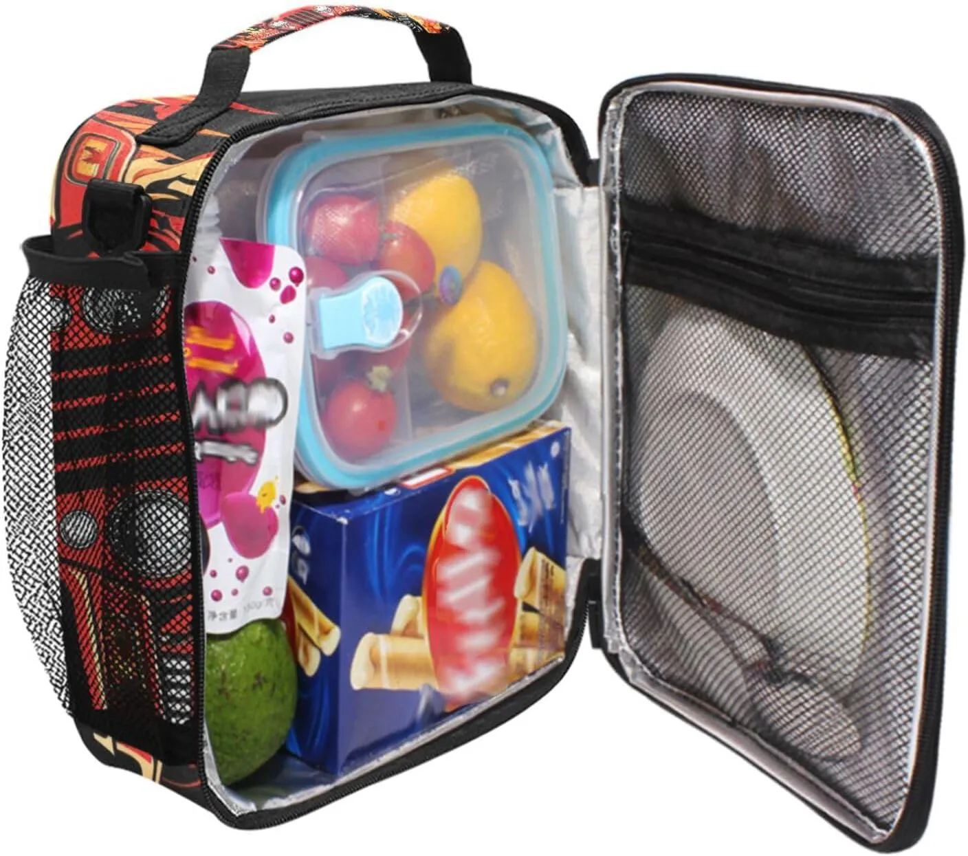 Red Monster Truck Fire Car Lunch Box for Girls Boys Insulated Lunch Bag with Adjustable Shoulder Strap Kids Children Thermal Lunchbox Tote Bags Cooler School Office Picnic