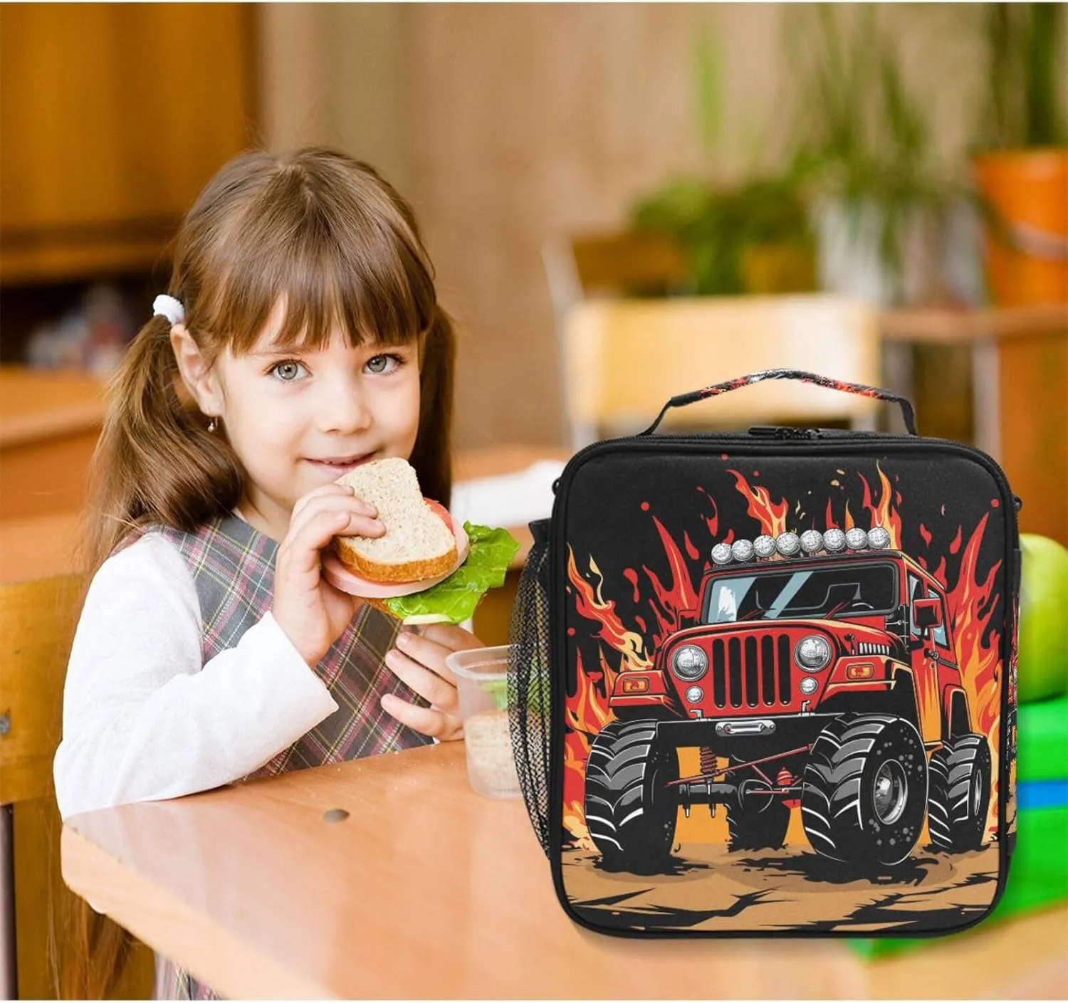 Red Monster Truck Fire Car Lunch Box for Girls Boys Insulated Lunch Bag with Adjustable Shoulder Strap Kids Children Thermal Lunchbox Tote Bags Cooler School Office Picnic