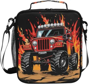 Red Monster Truck Fire Car Lunch Box for Girls Boys Insulated Lunch Bag with Adjustable Shoulder Strap Kids Children Thermal Lunchbox Tote Bags Cooler School Office Picnic