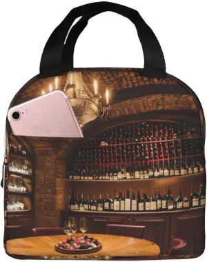 Red Wine Cellar Picture Lunch Bag Box Reusable Insulated Lunch Tote Bag,Leakproof Thermal Sack Food Case High Capacity