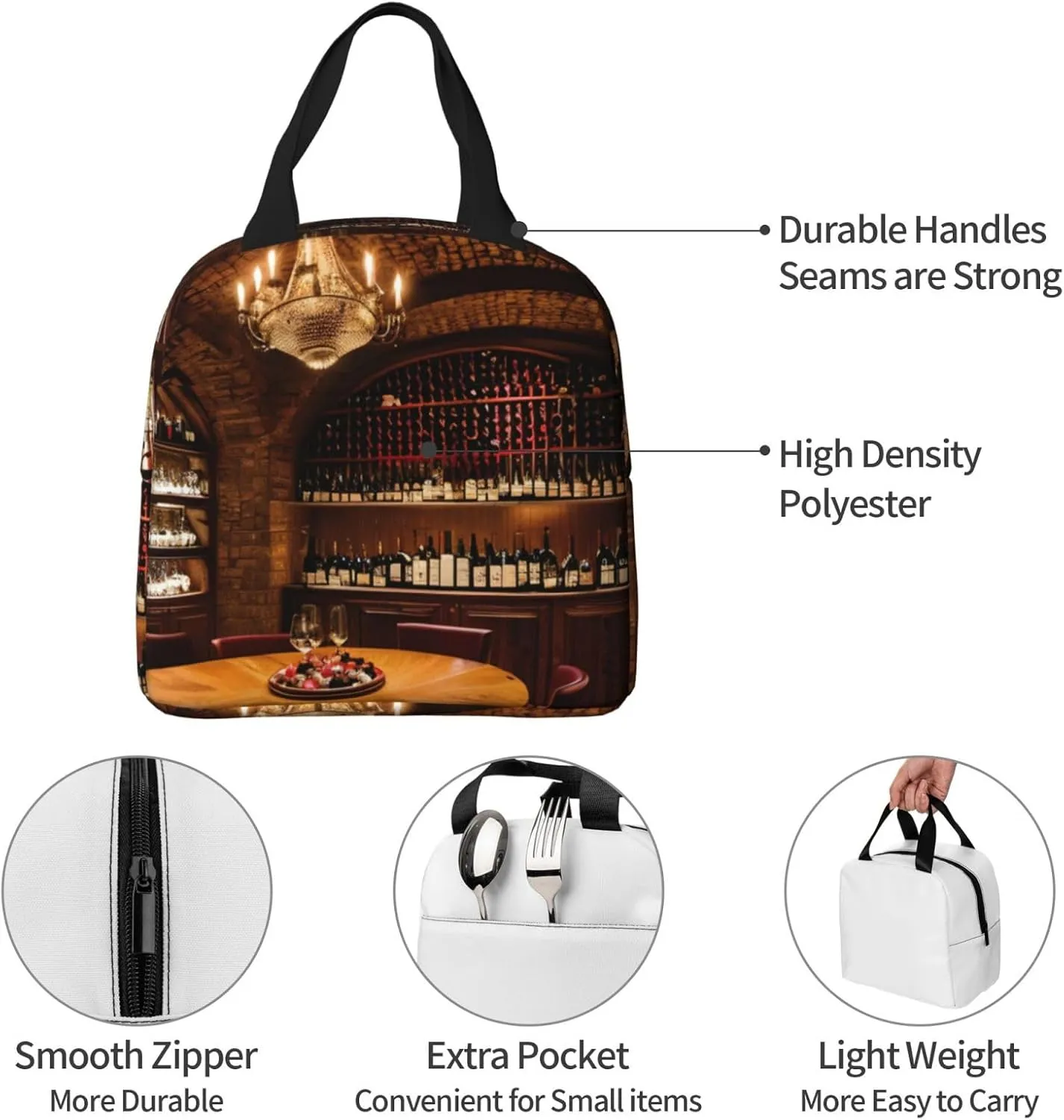 Red Wine Cellar Picture Print Insulated Lunch Bag,Lunch Tote Cooler Reusable Lunch Pail Outdoors Meal Bag For Women Men