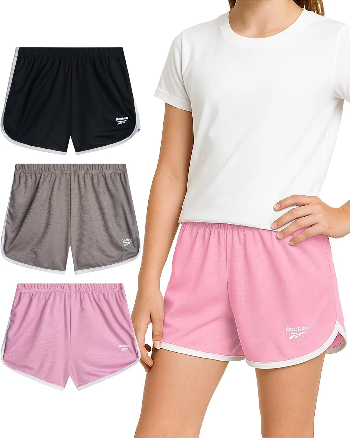 Reebok Girls Athletic Shorts - 3 Pack Active Performance Lightweight Mesh Dolphin Girls Shorts for Running Soccer Gym (7-12)