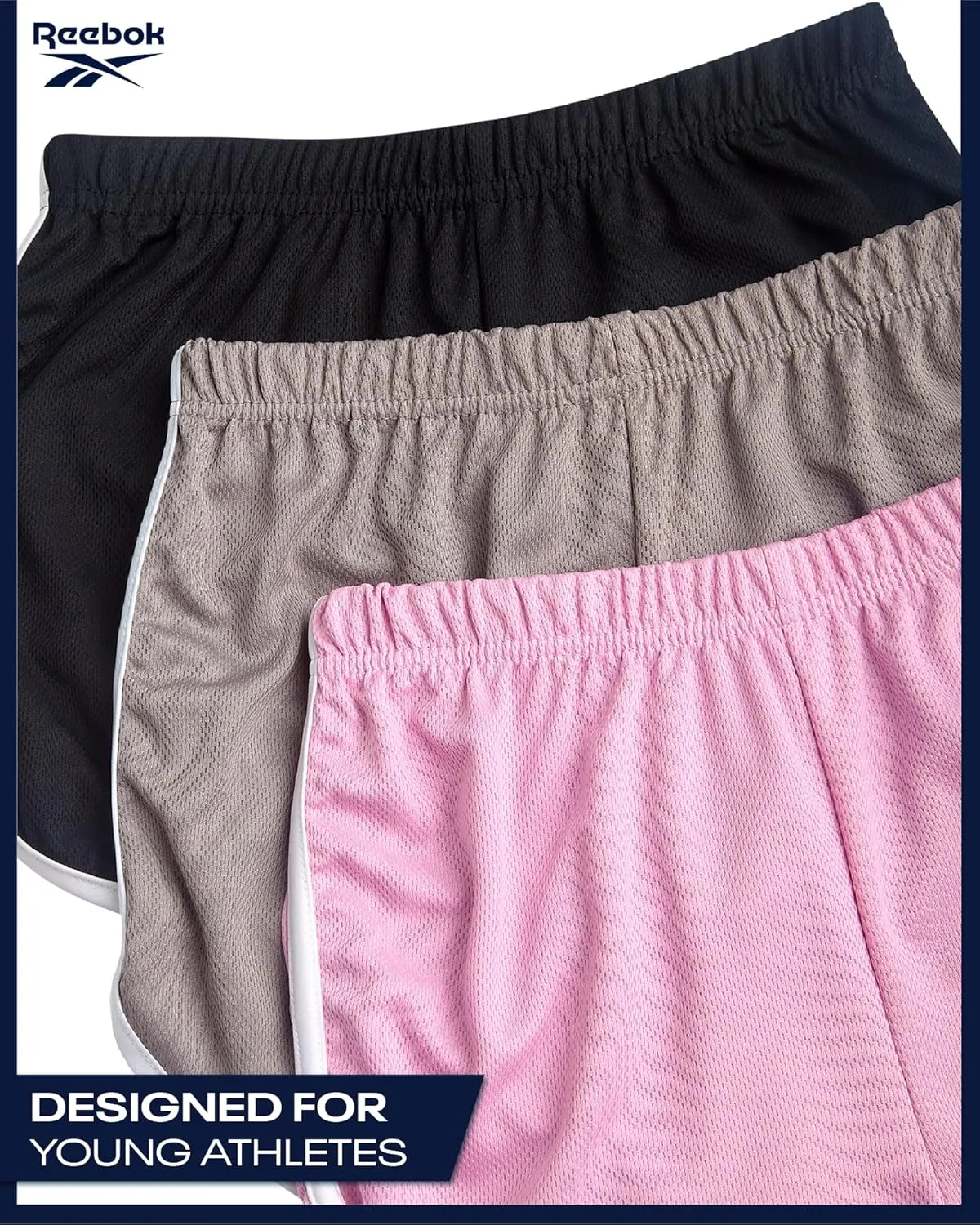 Reebok Girls Athletic Shorts - 3 Pack Active Performance Lightweight Mesh Dolphin Girls Shorts for Running Soccer Gym (7-12)
