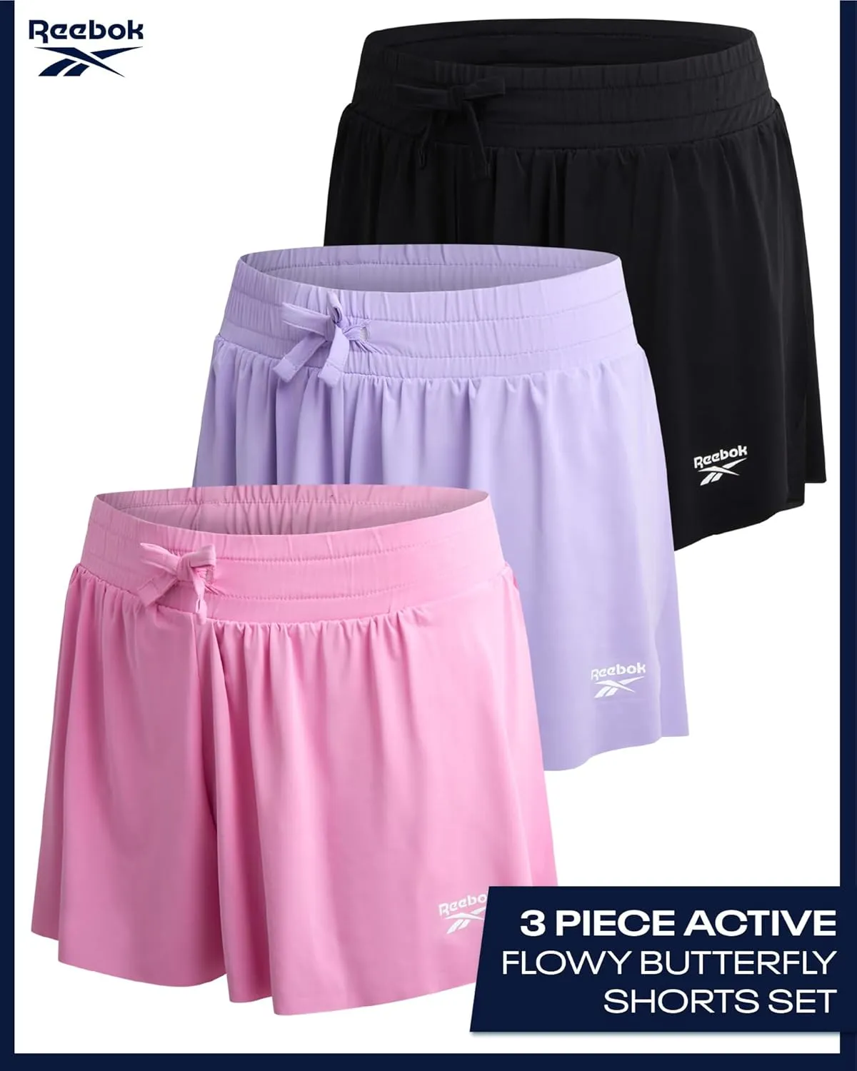 Reebok Girls Athletic Shorts - 3 Pack Lightweight Active Performance Flowy Butterfly Shorts for Girls with Elastic Waistband