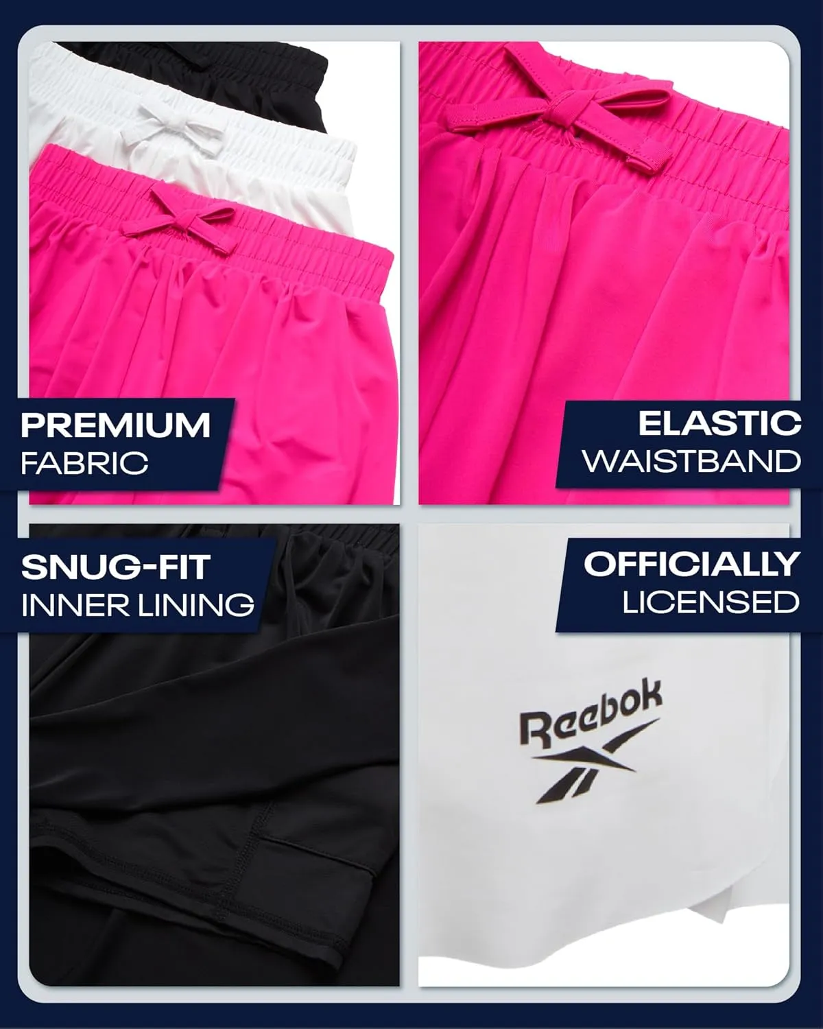 Reebok Girls Athletic Shorts - 3 Pack Lightweight Active Performance Flowy Butterfly Shorts for Girls with Elastic Waistband