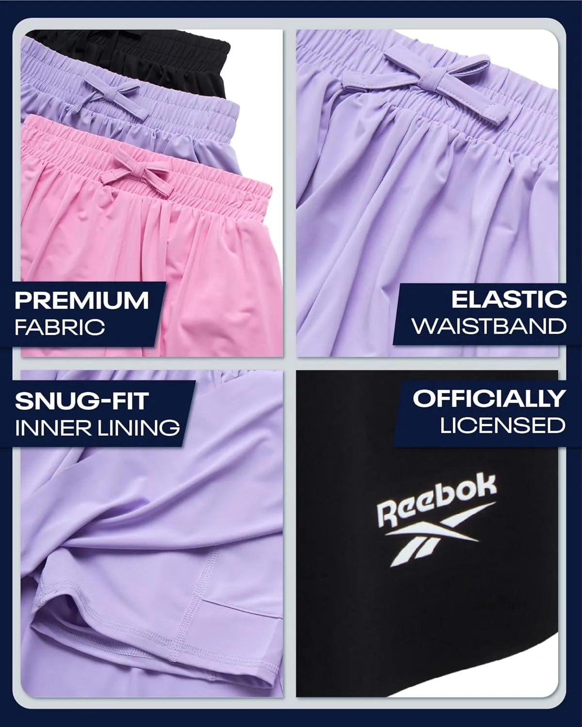 Reebok Girls Athletic Shorts - 3 Pack Lightweight Active Performance Flowy Butterfly Shorts for Girls with Elastic Waistband