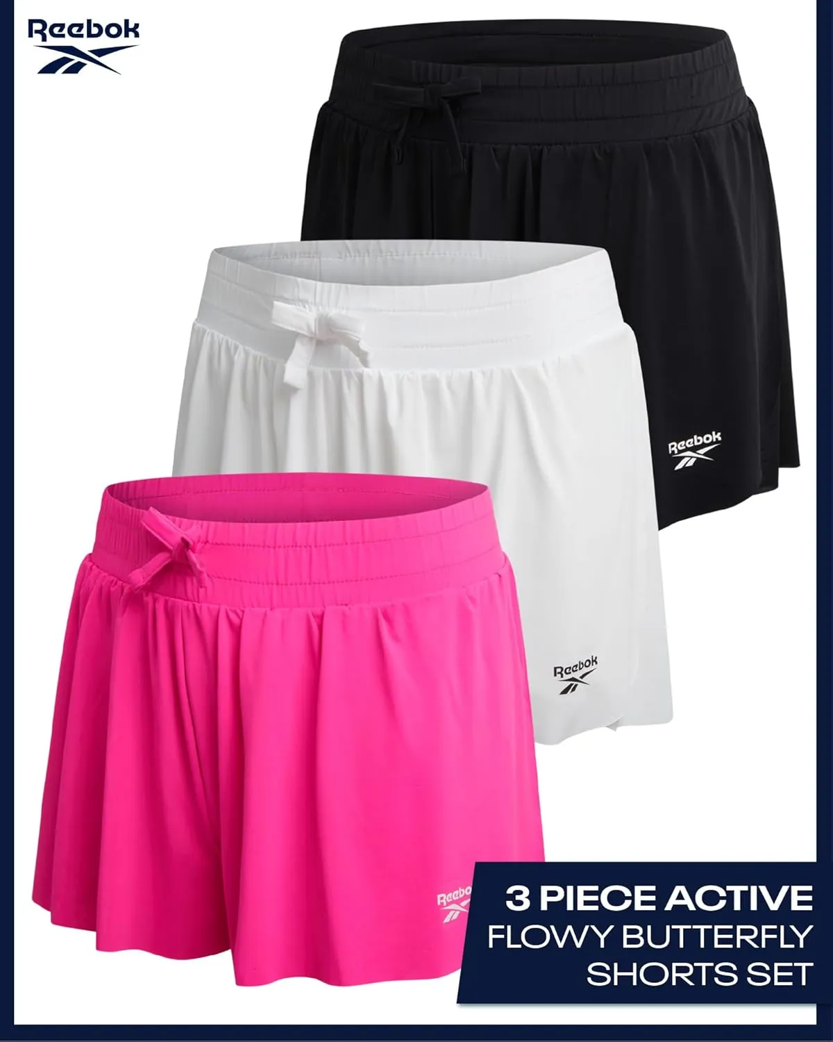Reebok Girls Athletic Shorts - 3 Pack Lightweight Active Performance Flowy Butterfly Shorts for Girls with Elastic Waistband