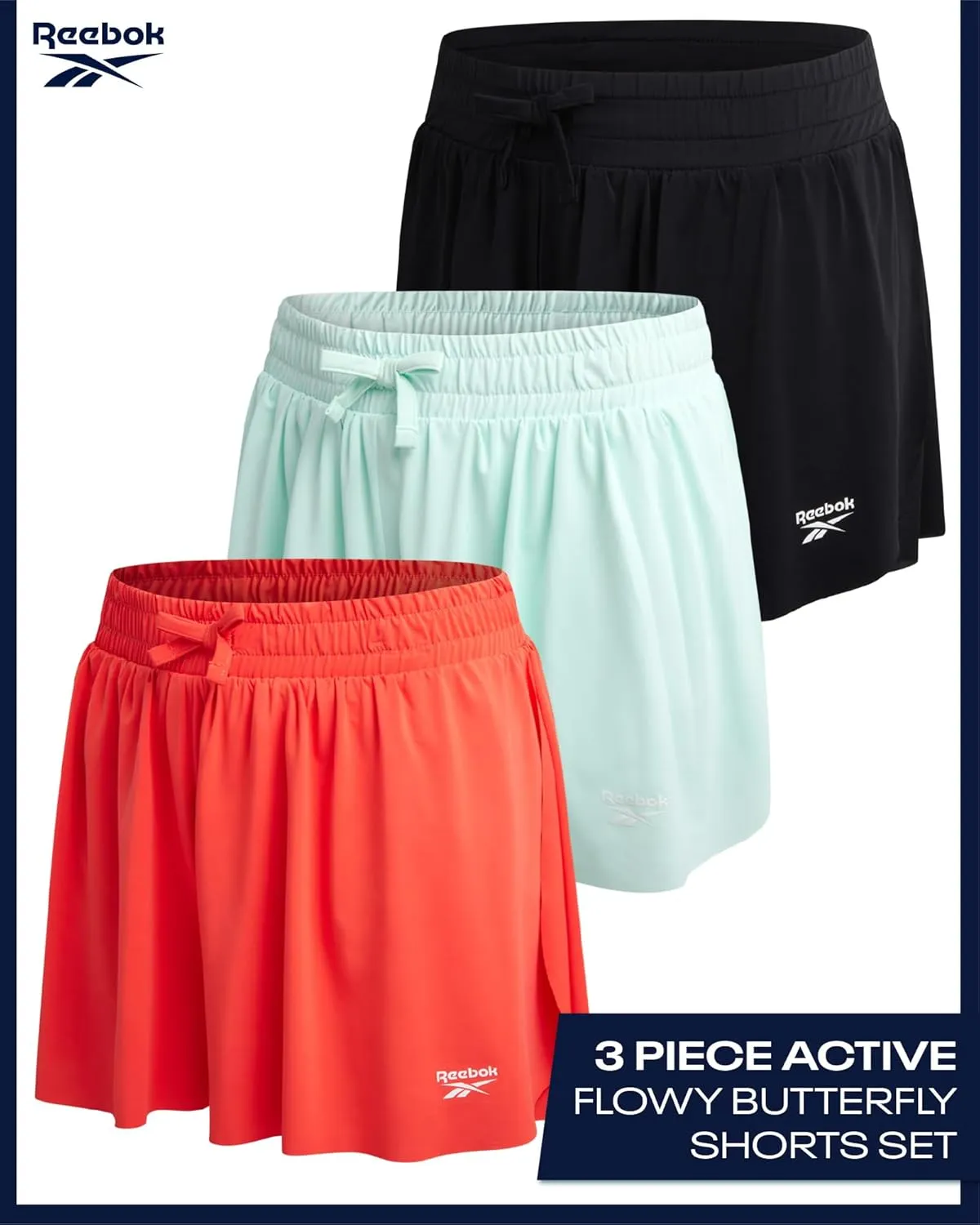 Reebok Girls Athletic Shorts - 3 Pack Lightweight Active Performance Flowy Butterfly Shorts for Girls with Elastic Waistband