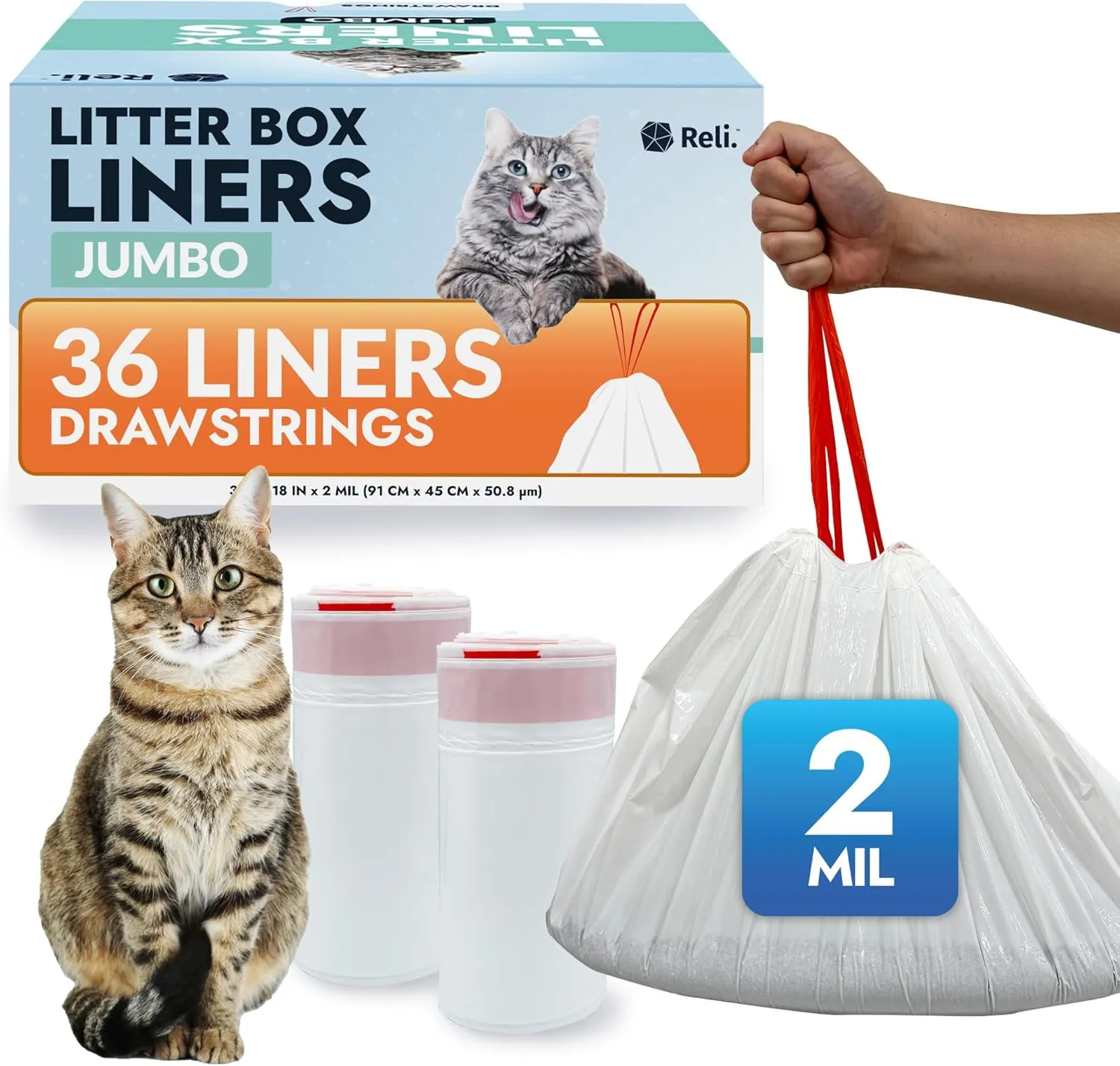 Reli. Cat Litter Box Liners (36 Count), Jumbo | Drawstring Litter Box Liner | Heavy Duty for Cat Pan, Pet Waste | Kitty Poop Bags, Drawstring Handles (White)