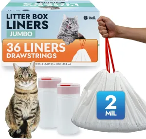 Reli. Cat Litter Box Liners (36 Count), Jumbo | Drawstring Litter Box Liner | Heavy Duty for Cat Pan, Pet Waste | Kitty Poop Bags, Drawstring Handles (White)