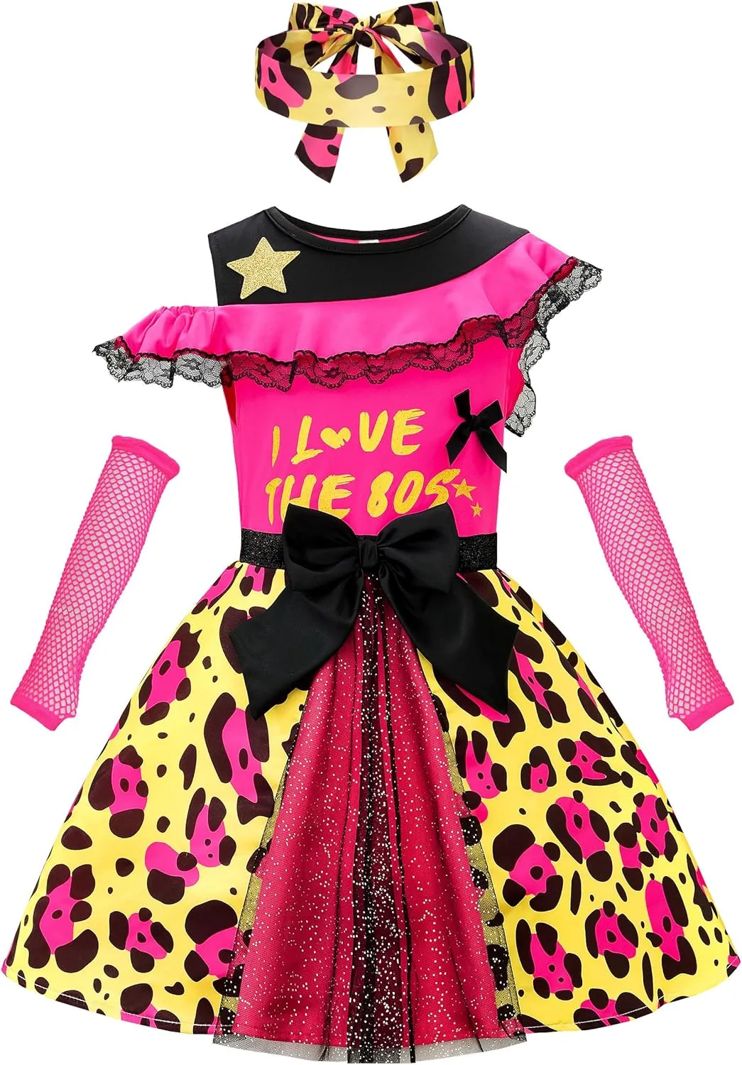 ReliBeauty Girls 80s Costume Kids Fancy Dress Costumes Accessories for Girls Cosplay 1980s Theme Retro Party