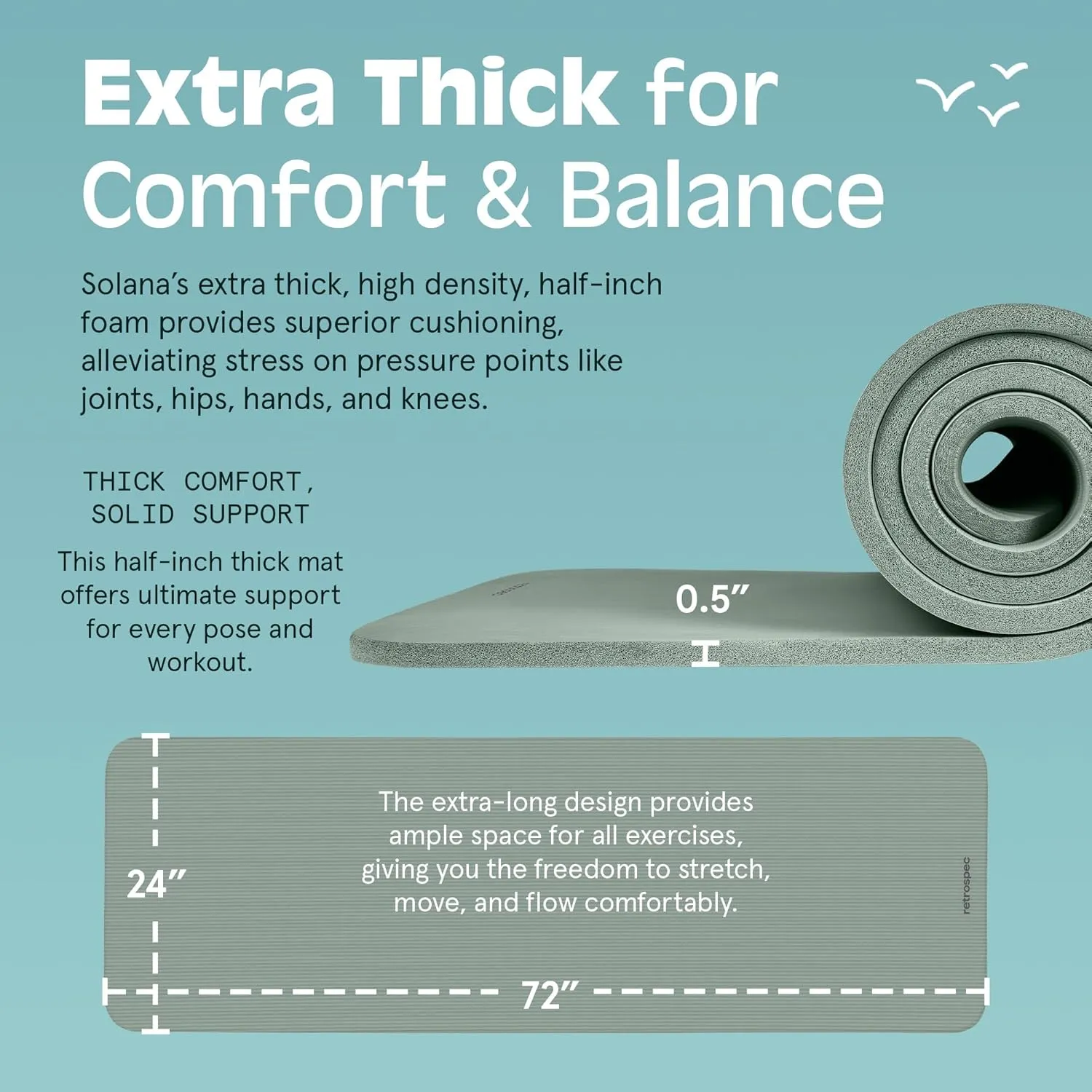 Retrospec Solana Yoga Mat 1/2" Thick w/Nylon Strap for Men & Women - Non Slip Exercise Mat for Yoga, Pilates, Stretching, Floor & Fitness Workouts