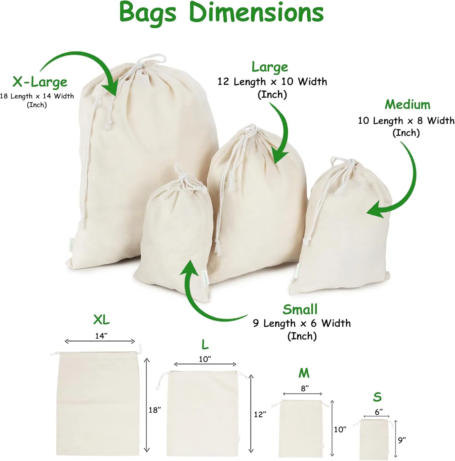 Reusable Cotton Storage Produce Bags With Drawstrings Medium 8x10 inch (12 Psc), Muslin Bags - For Bulk Food Storage, Vegetable, fruit, Food, Snack, Footwear, Toys Storage Bag