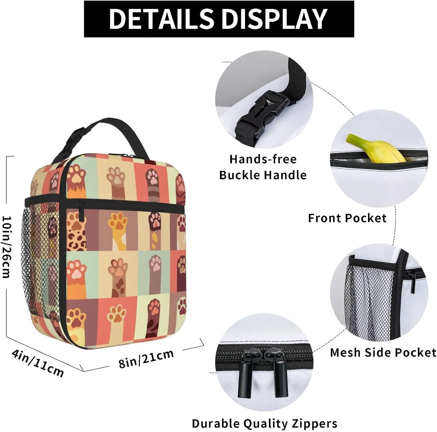 Reusable Lunch Bag Dog Cat Paw Topics Insulated Lunch Box Container Portable Cooler Thermal Lunch Tote Bag for Women Men Adult Work Office Picnic Travel Beach