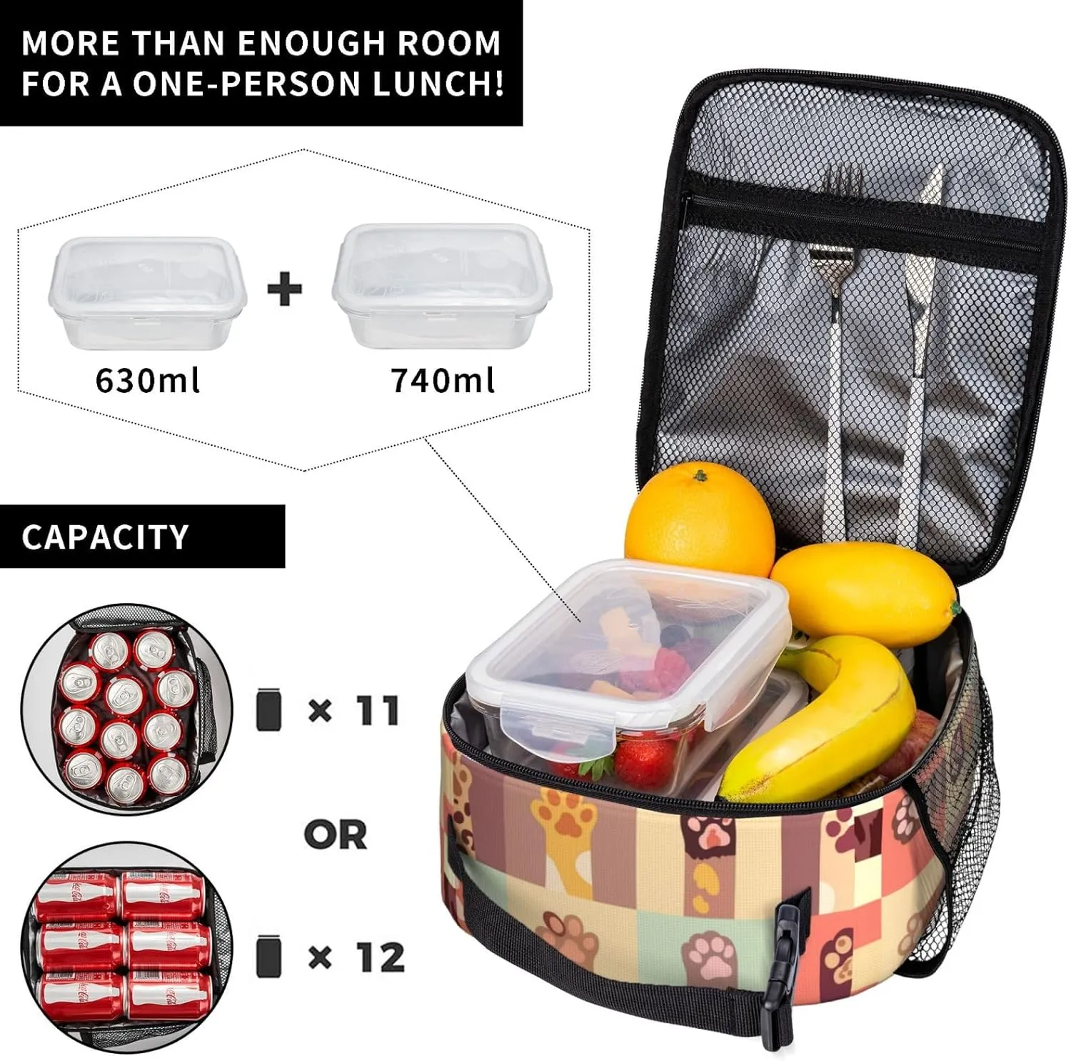 Reusable Lunch Bag Dog Cat Paw Topics Insulated Lunch Box Container Portable Cooler Thermal Lunch Tote Bag for Women Men Adult Work Office Picnic Travel Beach