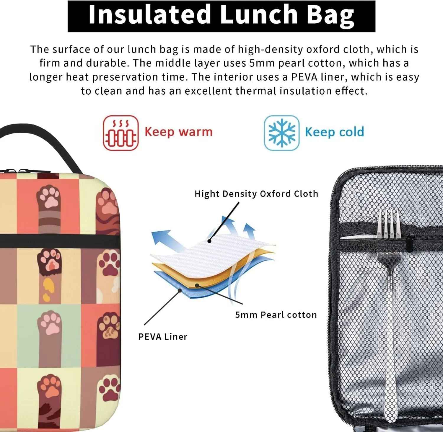 Reusable Lunch Bag Dog Cat Paw Topics Insulated Lunch Box Container Portable Cooler Thermal Lunch Tote Bag for Women Men Adult Work Office Picnic Travel Beach