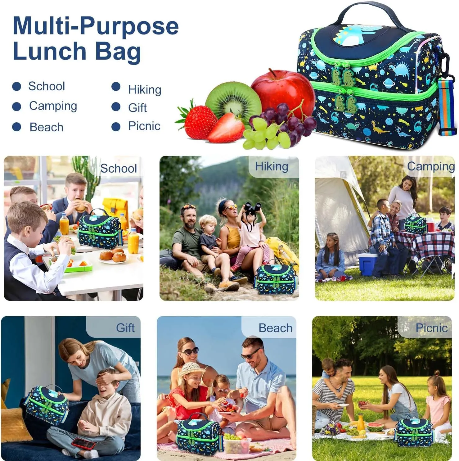 RHCPFOVR Kids Lunch Bag - Double - Decker Cooler Insulated Lunch Box for Boys Girls,Washable Lunch Bag with Strap and Reusable Toddler Lunchbox for School and Daycare