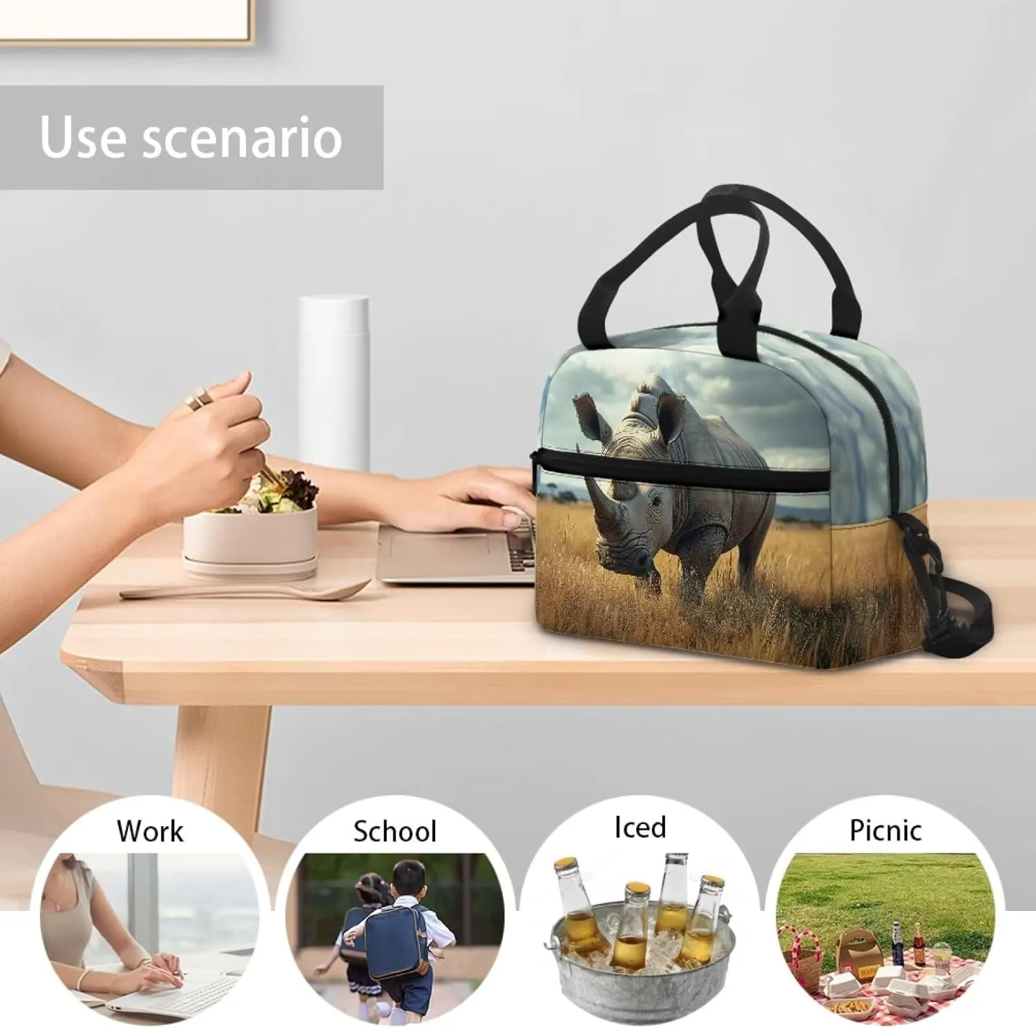 Rhinoceros Boys Lunch Box Insulated Lunch Bag Outdoor Lunch Tote Bag Camping Lunch Boxes Outing Picnic Lunch Container Back to School Lunch Boxes