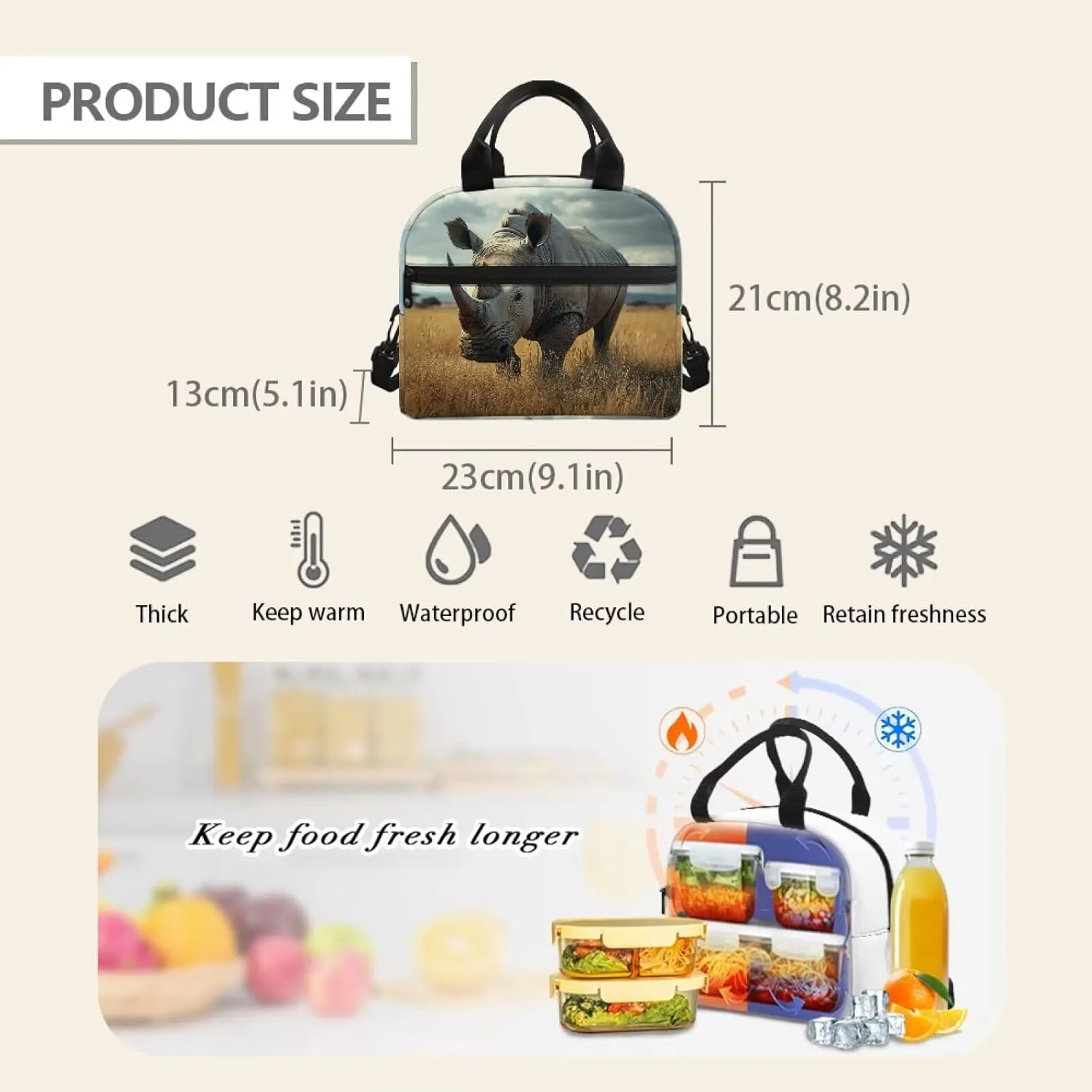 Rhinoceros Boys Lunch Box Insulated Lunch Bag Outdoor Lunch Tote Bag Camping Lunch Boxes Outing Picnic Lunch Container Back to School Lunch Boxes