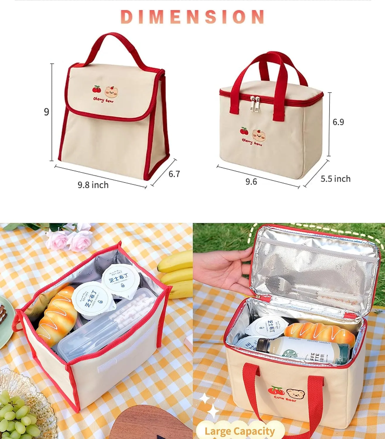 RICHTRUE Kawaii Lunch Bag for Girls Box Insulated Cute Bags Women Kids (Bear- Bucket)