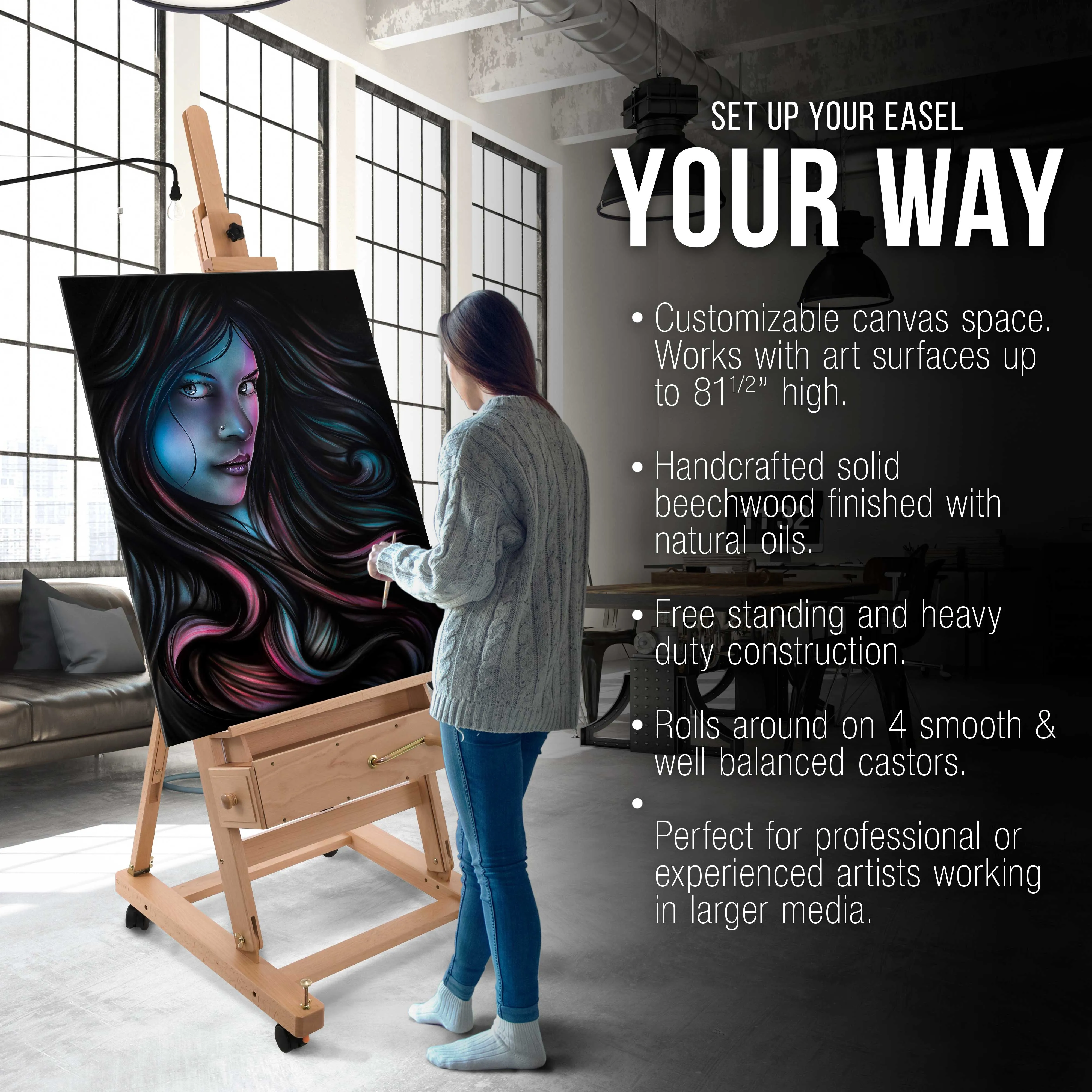 Rocker Crank Wooden Adjustable Studio Easel - Extra Large Heavy Duty H-Frame, Mast to 132", Canvas to 81", Artist Storage Tray, Drawers - Beechwood