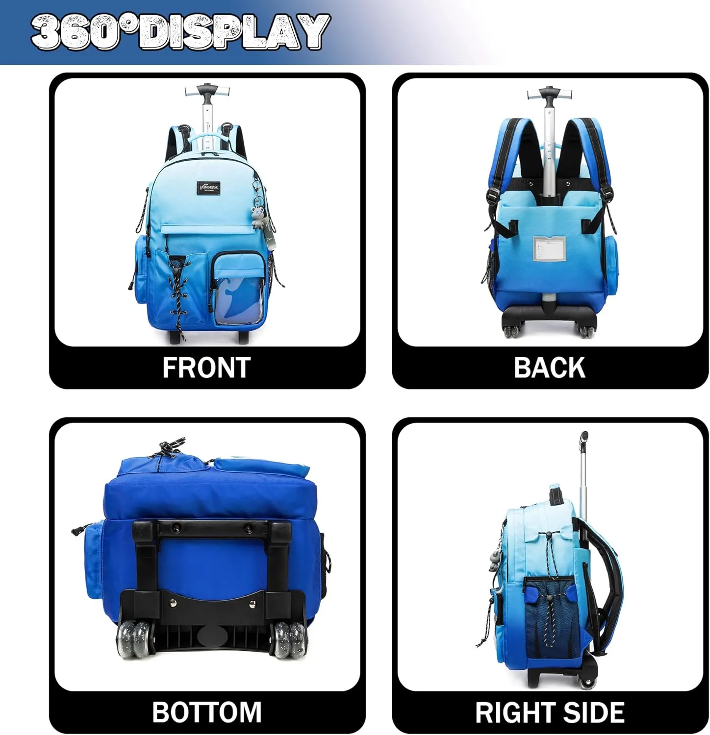 Rolling Backpack for Girls Backpack with Wheels for Teens Boys Kids Rolling Backpack for Travel School Backpack with Wheels for Teens with Lunch Box, Gradient Blue
