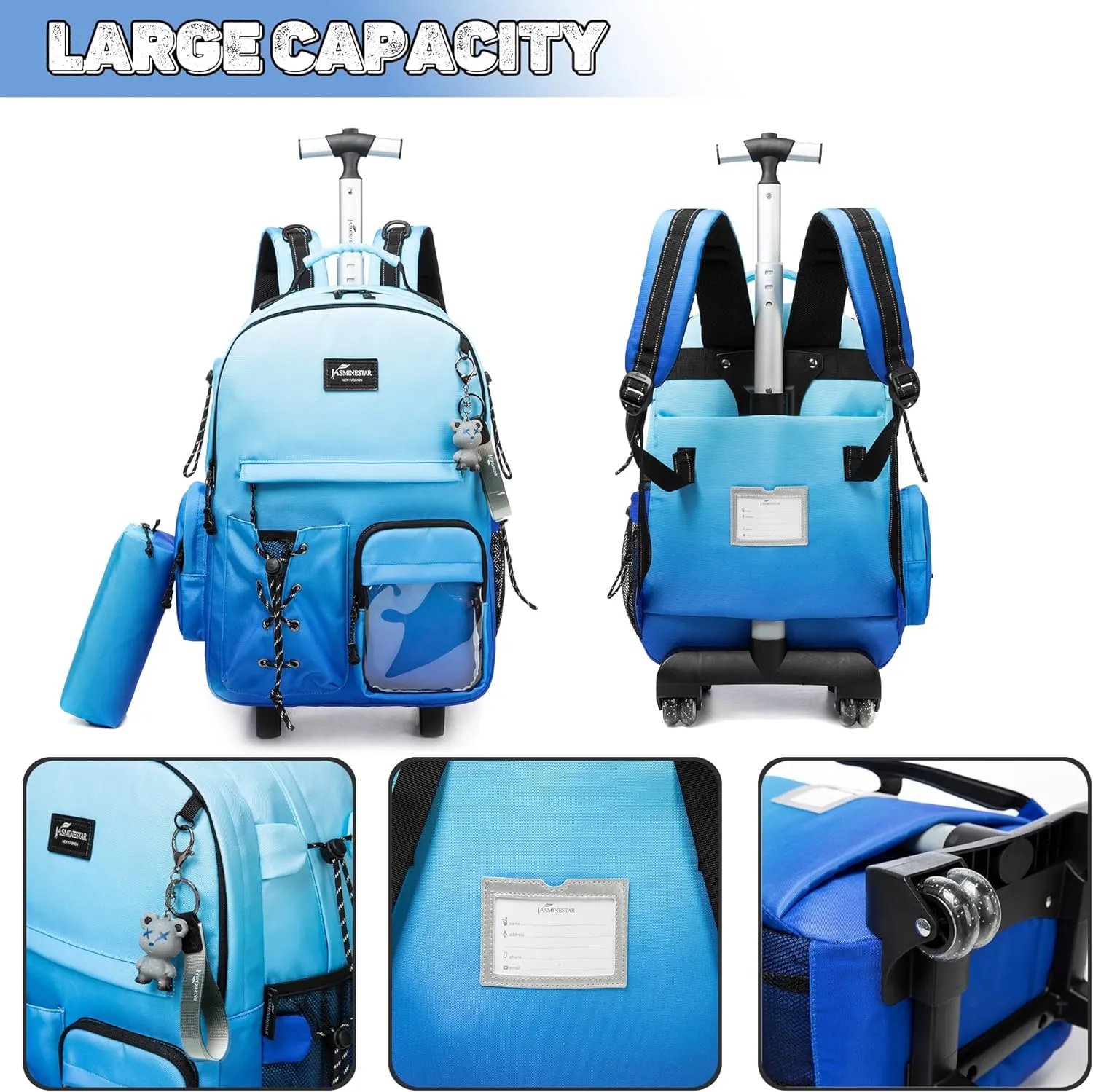 Rolling Backpack for Girls Backpack with Wheels for Teens Boys Kids Rolling Backpack for Travel School Backpack with Wheels for Teens with Lunch Box, Gradient Blue