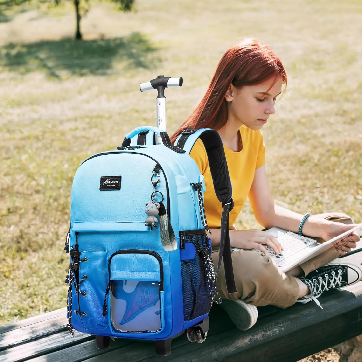 Rolling Backpack for Girls Backpack with Wheels for Teens Boys Kids Rolling Backpack for Travel School Backpack with Wheels for Teens with Lunch Box, Gradient Blue