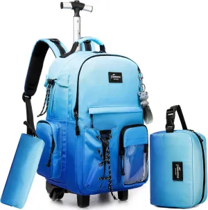Rolling Backpack for Girls Backpack with Wheels for Teens Boys Kids Rolling Backpack for Travel School Backpack with Wheels for Teens with Lunch Box, Gradient Blue