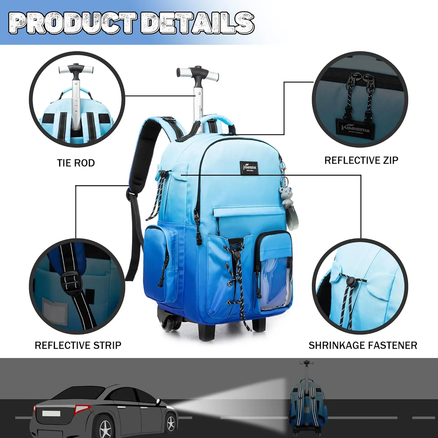 Rolling Backpack for Girls Backpack with Wheels for Teens Boys Kids Rolling Backpack for Travel School Backpack with Wheels for Teens with Lunch Box, Gradient Blue