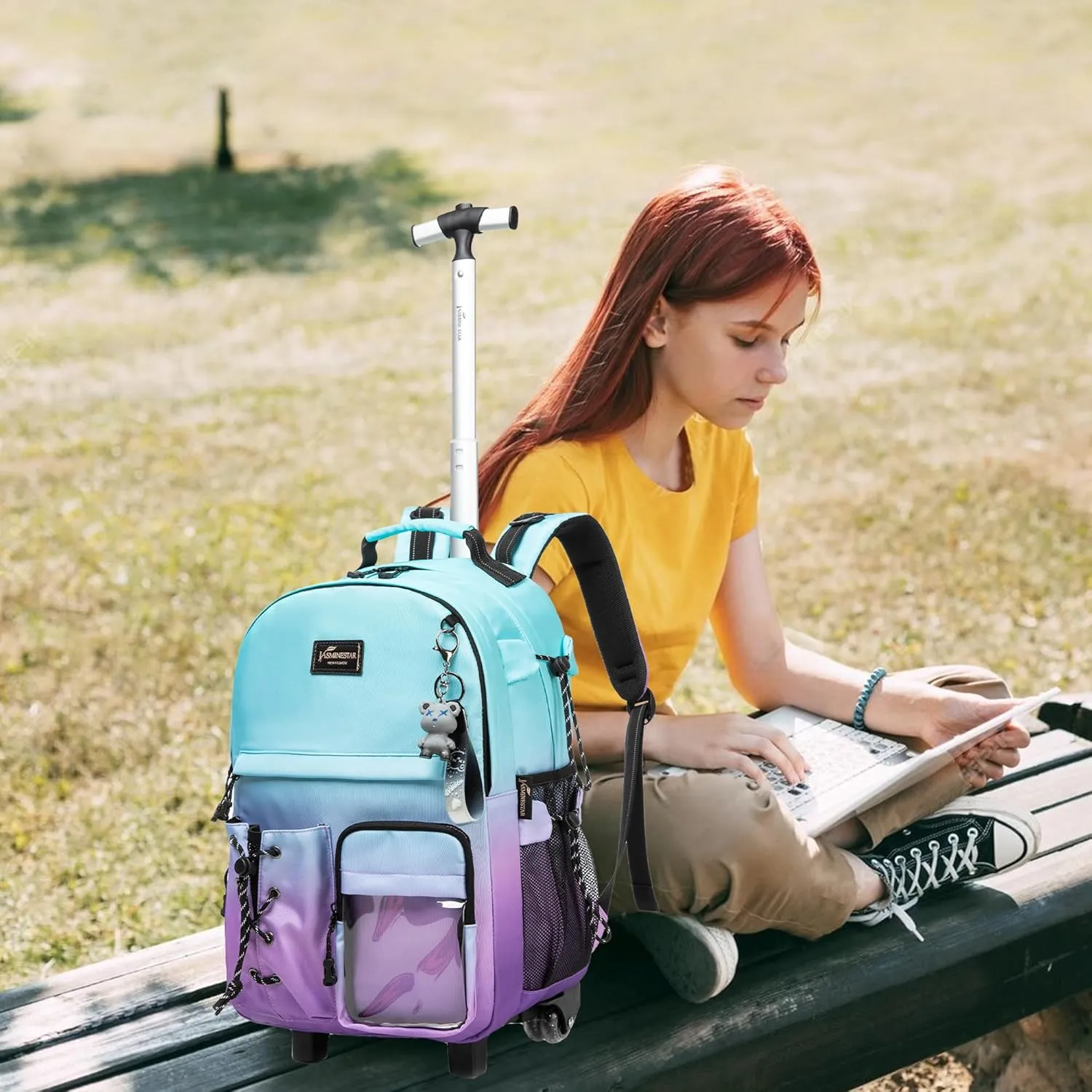 Rolling Backpack for Girls Backpack with Wheels for Teens Boys Kids Rolling Backpack for Travel School Backpack with Wheels for Teens with Lunch Box, Gradient Green Purple