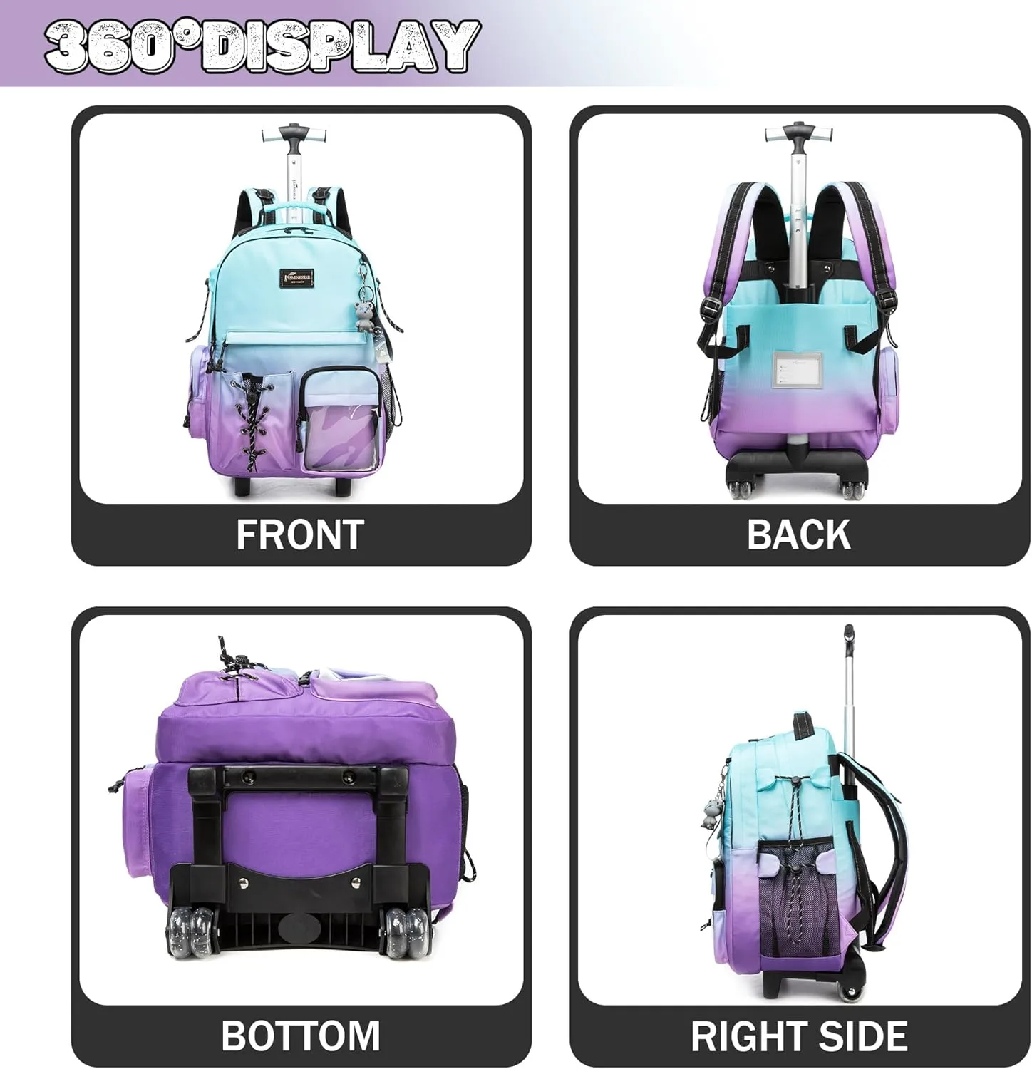 Rolling Backpack for Girls Backpack with Wheels for Teens Boys Kids Rolling Backpack for Travel School Backpack with Wheels for Teens with Lunch Box, Gradient Green Purple