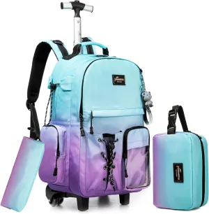 Rolling Backpack for Girls Backpack with Wheels for Teens Boys Kids Rolling Backpack for Travel School Backpack with Wheels for Teens with Lunch Box, Gradient Green Purple