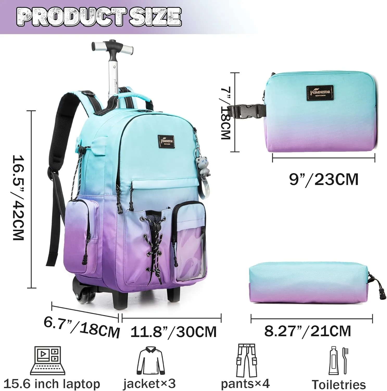 Rolling Backpack for Girls Backpack with Wheels for Teens Boys Kids Rolling Backpack for Travel School Backpack with Wheels for Teens with Lunch Box, Gradient Green Purple